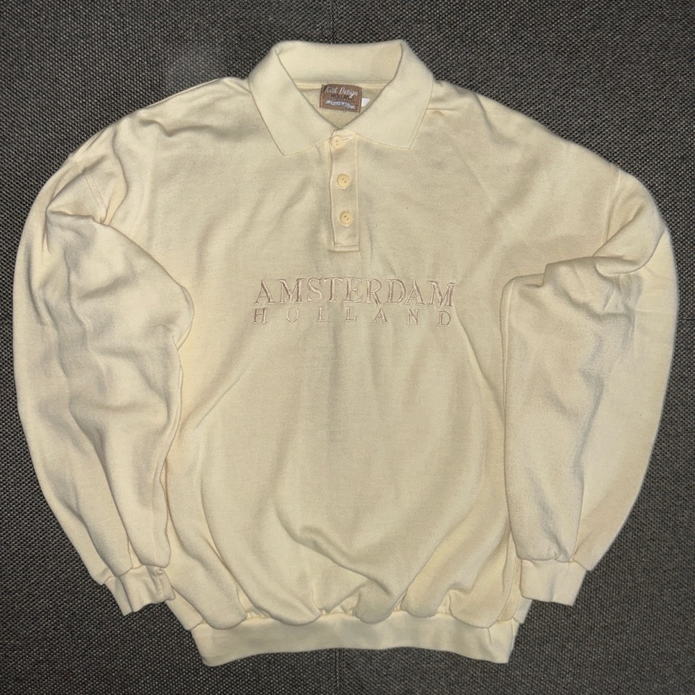 90s Cream Amsterdam Holland Embroidered Long Sleeve Polo Sweatshirt XL